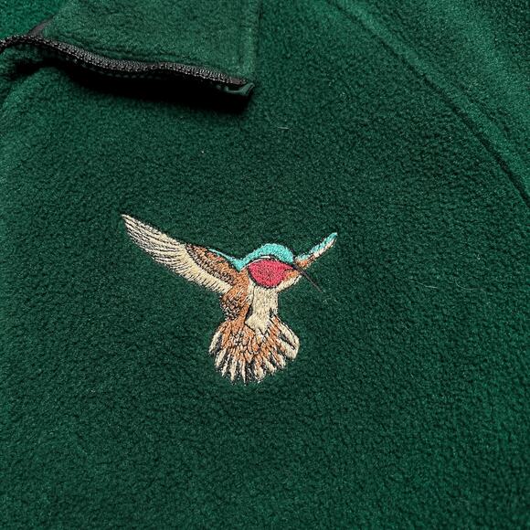 Vintage 90s Green Fleece Hummingbird Jacket Embroidered Union Made Cinch Waist - Picture 3 of 8